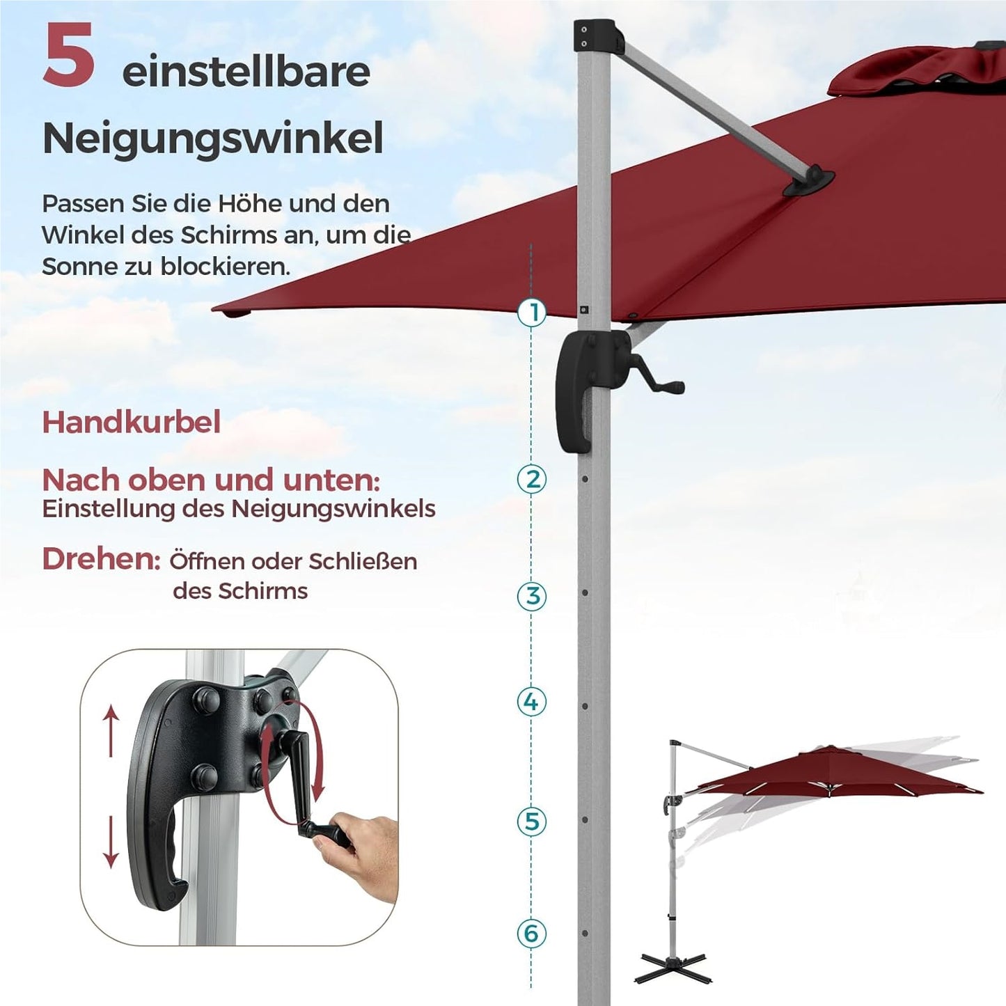 Zonneparasol – Tuinparasol – Terrasparasol – Marktparasol – Schaduwparasol – Ø 330 cm – 360° Draaibaar Met Knikarm – UPF 50+ Bescherming – Rood