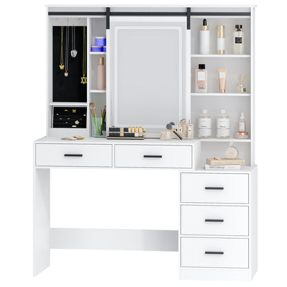Make-up Tafel – Schminktisch – Kaptafel – Visagie Tafel – Dressing Table – Verstelbare LED-Verlichting – Grote Afneembare Spiegel – 5 Lades – Zijtafeltje – Wit