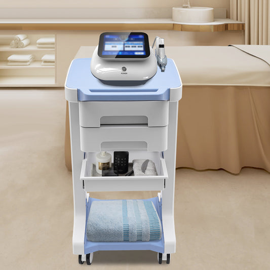 Beauty trolley – Make-upkoffer – Opbergtrolley – Kosmetiekoffer – Schoonheidstrolley – 3 lagen met 2 laden – Duurzaam ABS kunststof, 50 kg draagvermogen – Blauw/wit met remmende zwenkwielen