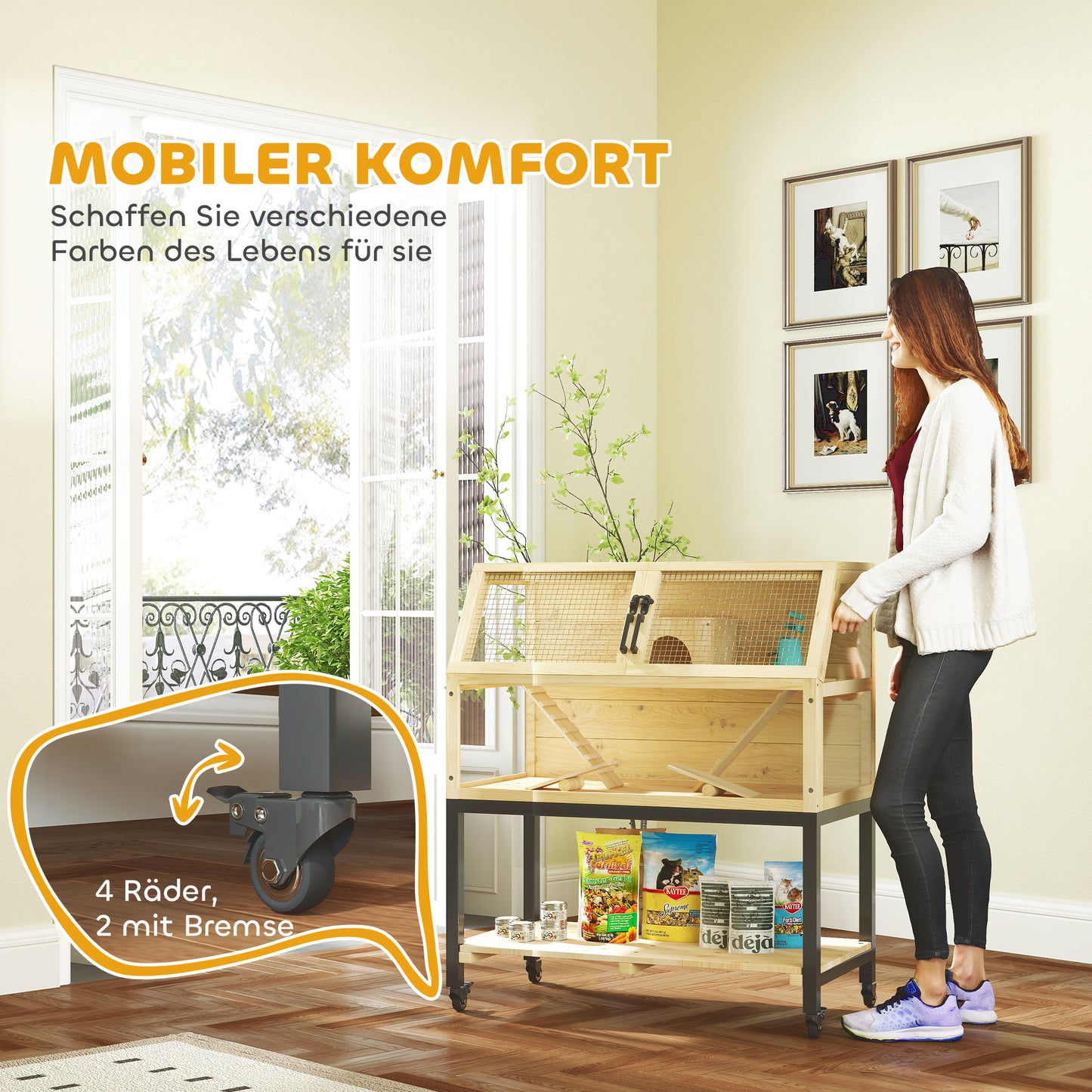 Dwergcaviakoooi – Houten Knaagdierkooi – Hamsterkooi – Gerbilkooi – Muiskooi – Natuurlijk Hout – Met Opbergruimte en Wieltjes