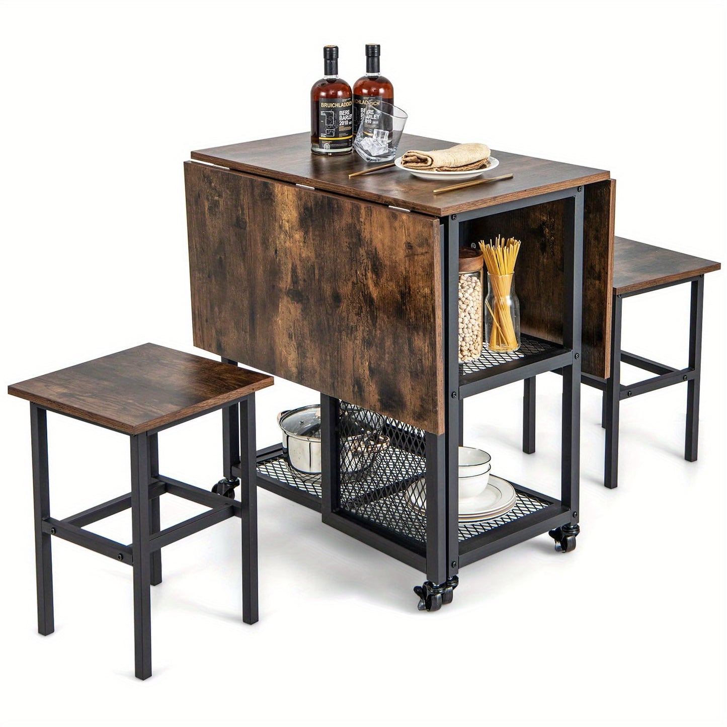 3-delige Opvouwbare Eettafel Set – Uitklapbare Eettafel – Keukentafel – Klaptafel – Stoelenset – Met 2 Krukken – Met Opbergrekken – Vergrendelbare Wielen – Compact Voor Kleine Ruimtes