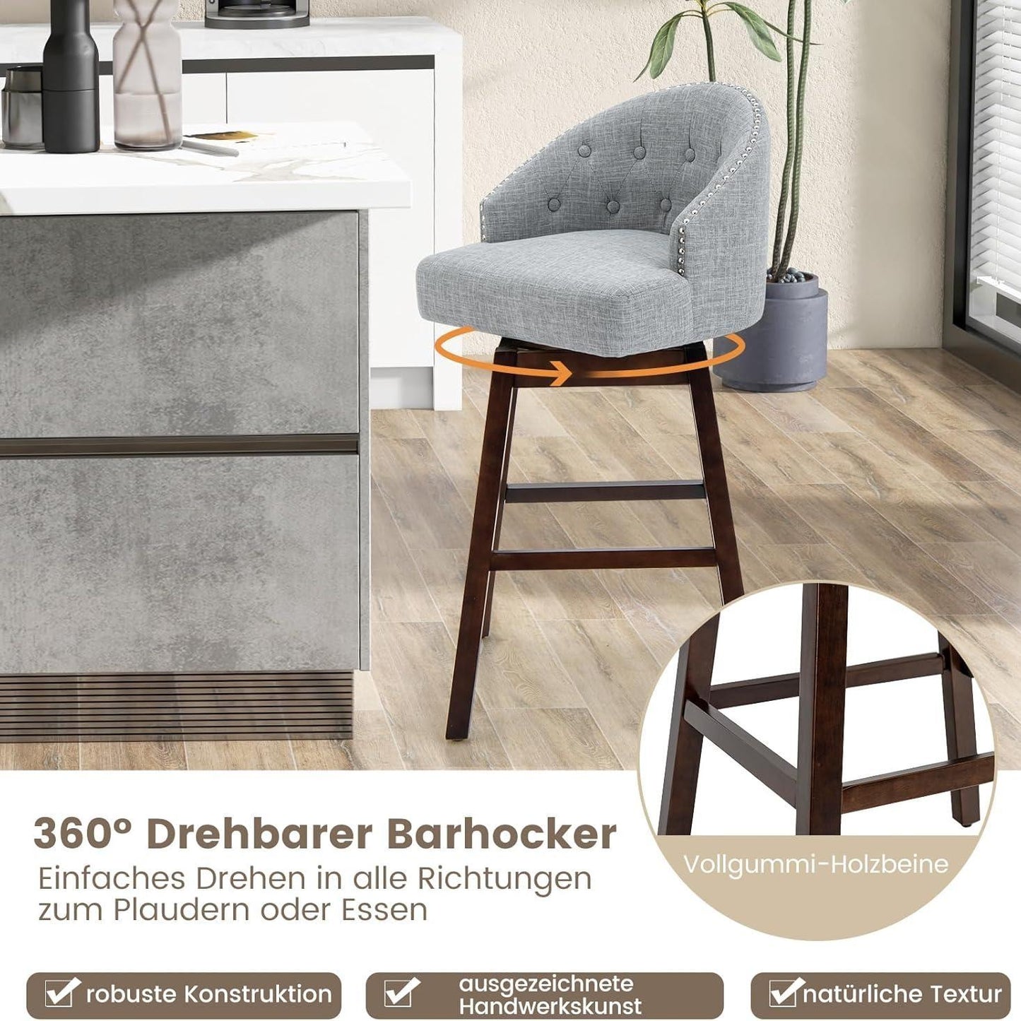 Barstoel – Barkruk – Barstoel Met Rugleuning – Keukenkruk – Draaiende Barkruk – 360° Draaibaar – Ergonomisch Met Voetensteun – Gemaakt Van Rubberhout Met Linnen Bekleding – Grijs – Zithoogte 78 Cm