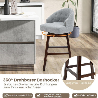 Barstoel – Barkruk – Barstoel Met Rugleuning – Keukenkruk – Draaiende Barkruk – 360° Draaibaar – Ergonomisch Met Voetensteun – Gemaakt Van Rubberhout Met Linnen Bekleding – Grijs – Zithoogte 78 Cm