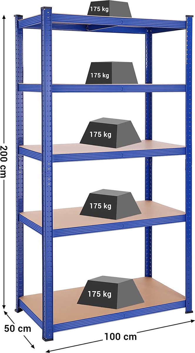 Zware Metalen Magazijnstelling - 200x100x50 cm - Draagvermogen 875KG - 5-Laags Verstelbare Opslagrek - Blauw