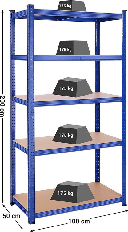 Zware Metalen Magazijnstelling - 200x100x50 cm - Draagvermogen 875KG - 5-Laags Verstelbare Opslagrek - Blauw