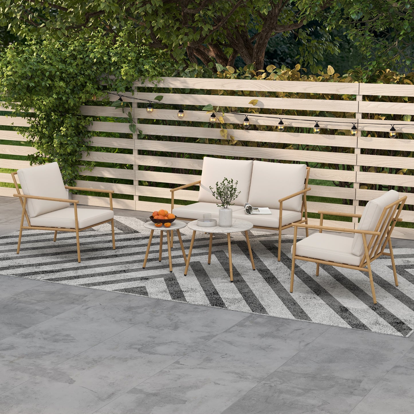 Tuinset – Tuinmeubelset – Loungeset – Balkonset – 5-delige Tuinmeubelset – Crèmekleurig – Gepoedercoat Stalen Frame – Marmerlook Tafelbladen