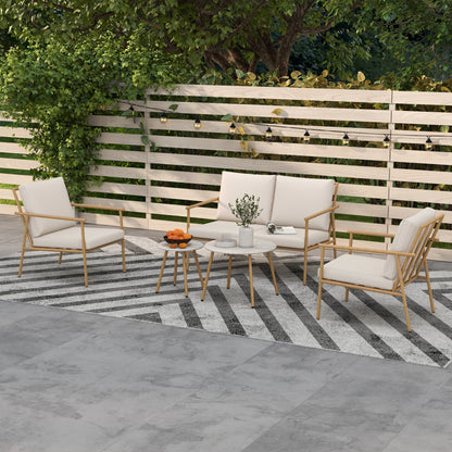 Tuinset – Tuinmeubelset – Loungeset – Balkonset – 5-delige Tuinmeubelset – Crèmekleurig – Gepoedercoat Stalen Frame – Marmerlook Tafelbladen