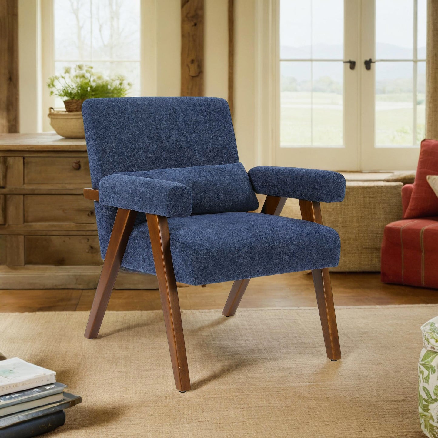 Fauteuil – Accentstoel – Relaxstoel – Loungefauteuil – Zithoekstoel – Massief Houten Frame – Comfortabele Katoenen Bekleding – Inclusief Rugkussen – Blauw