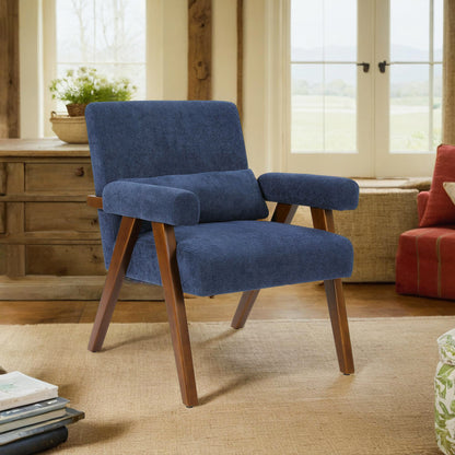 Fauteuil – Accentstoel – Relaxstoel – Loungefauteuil – Zithoekstoel – Massief Houten Frame – Comfortabele Katoenen Bekleding – Inclusief Rugkussen – Blauw