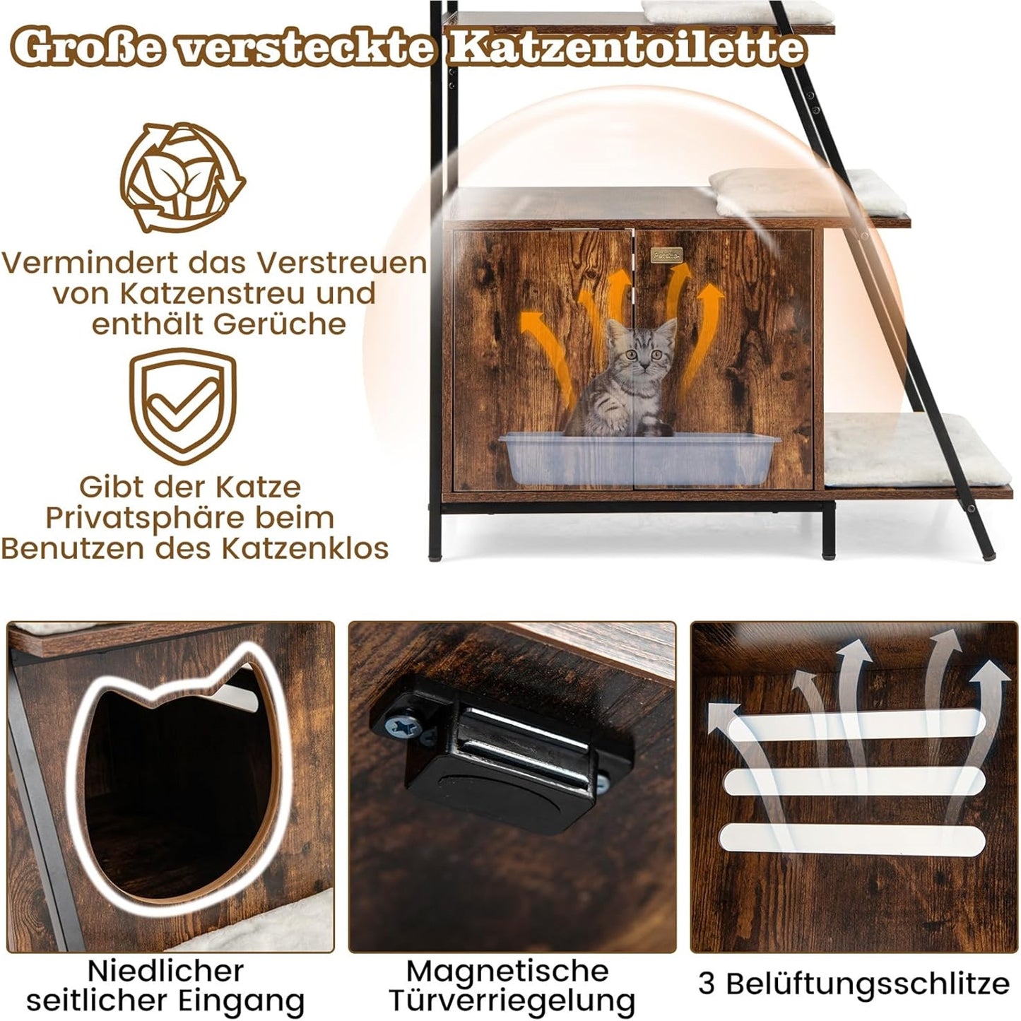 Kattenhuis – Kattenmeubel – Kattenkast – Kattenbakkast – Krabmeubel – Met Opbergruimte en Afneembare Wasbare Matten – Ventilatie en Anti-Kantel Veiligheid – Bruin