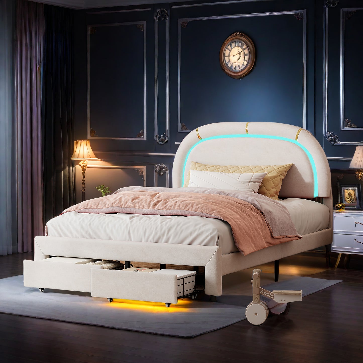 Bed – Bedframe – Led-bed – Stijlvol Tweepersoonsbed – Opberglades Bed – Velvet Hoofdbord – Usb Oplaadpoort – 140x200 cm Off-white