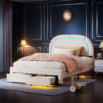 Bed – Bedframe – Led-bed – Stijlvol Tweepersoonsbed – Opberglades Bed – Velvet Hoofdbord – Usb Oplaadpoort – 140x200 cm Off-white