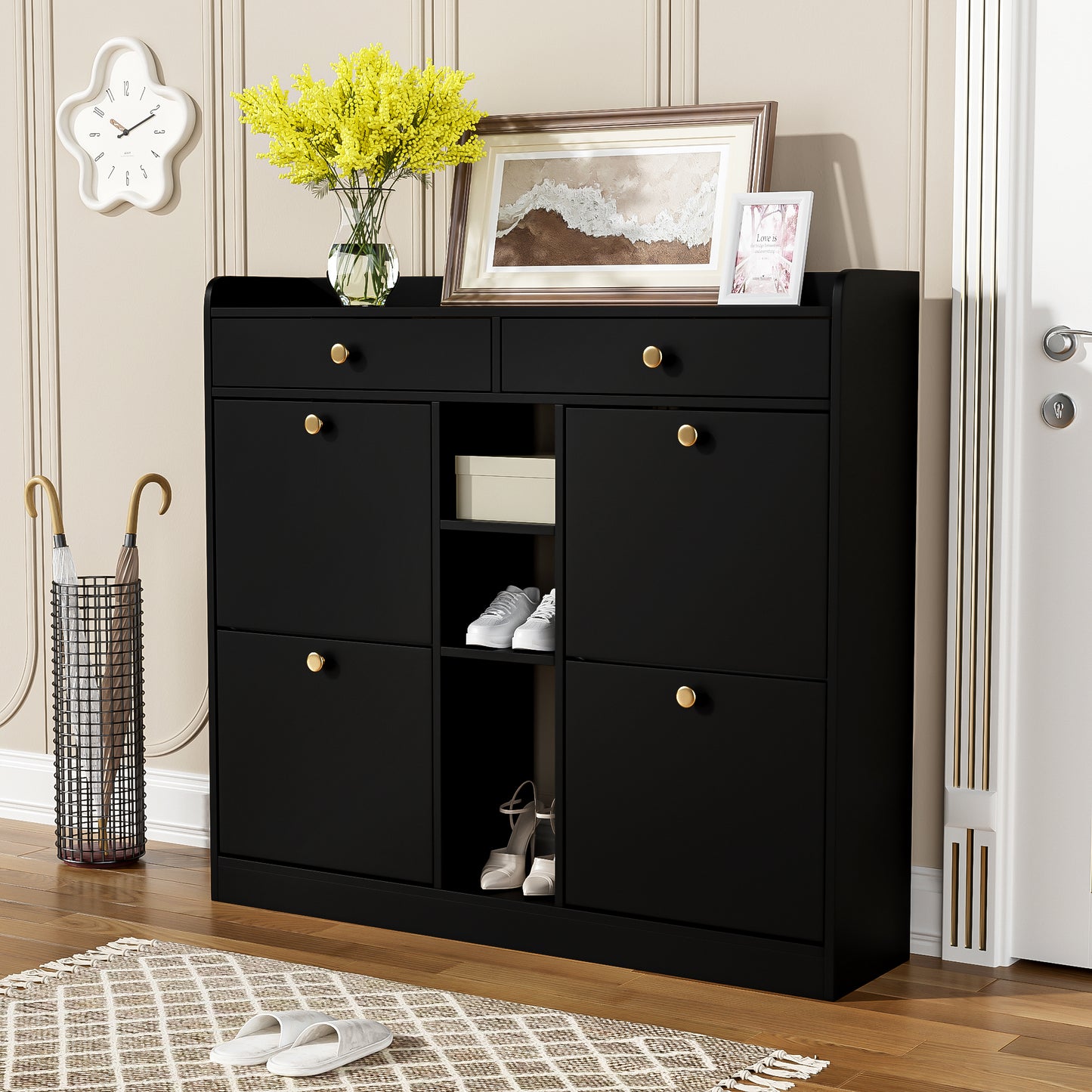 Schoenenkast – Schoenenopberger – Schoenenrek – Schoenenmeubel – Schoenenkast Zwart – Compact Ontwerp 110x26x100 cm – Vier Klepdeuren Met Lades