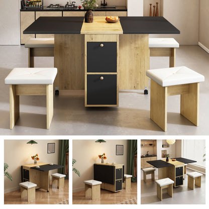 Uitschuifbare Eettafelset – Eetkamerset – Keukentafelset – Tafel Met Stoelen – Ruimtebesparend – Modern Landelijk Design – Wit Zwart Eikenhout – Compact En Multifunctioneel