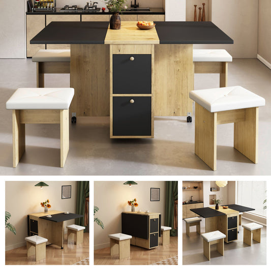 Uitschuifbare Eettafelset – Eetkamerset – Keukentafelset – Tafel Met Stoelen – Ruimtebesparend – Modern Landelijk Design – Wit Zwart Eikenhout – Compact En Multifunctioneel