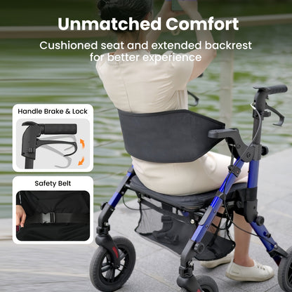 2-in-1 Rollator – Looprek – Transportstoel – Mobiliteitshulp – Wandelwagen – Lichtgewicht Opvouwbaar – Lineaire Remmen & Comfortabel Zitje – Duurzame Plastic Wielen