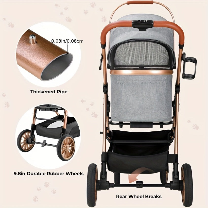 Dierenwagen – Huisdier Stroller – Kattenwagen – Hondenwagen – Draagmand – 25 kg Capaciteit – 4 Schokabsorberende Wielen – Champagne Golden Black