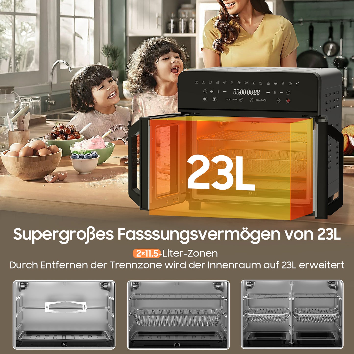 XXL Airfryer – Friteuse – Heteluchtoven – Elektrische Oven – Kooktoestel – Zwart – 23 Liter Inhoud – Dubbele Kookzones Met LED Touchscreen