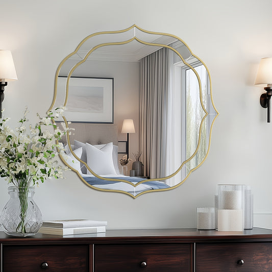 Vierkante Wandspiegel – Muurspiegel – Sierlijke Spiegel – Badkamerspiegel – Woonkamerspiegel – 80x80 cm – Gouden Rand