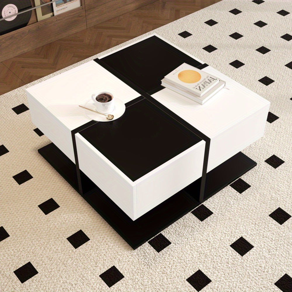 Modern Black & White Metal Coffee Table with 2-Drawer Storage - Large Square Living Room Center Table with Smooth Sliding Drawers, High-Gloss Finish, Easy Assembly, Space-Saving Design for Home & Office, 70x70x35.5cm, Durable