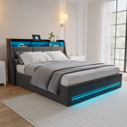 Gestoffeerd Tweepersoonsbed 160x200 – Opbergbed – Ladebed – Slaapbank – Bedframe – Hydraulische Opbergruimte – Grijs Linnen – Stevig Stalen Frame