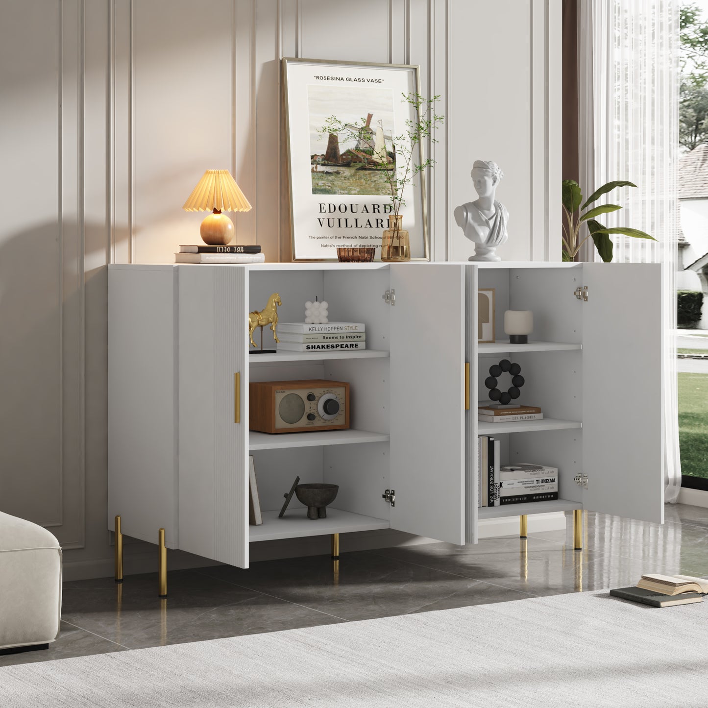 Wit Opbergmeubel – Opbergkast – Dressoir – Ladenkast – Buffetkast – Modern Design – Verstelbare Planken – Gouden Accenten – 160x35x100 cm