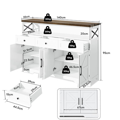 Buffetkastje – Dressoir – Sidetable – Opbergkast –  Landelijke Stijl – 140 CM Breed – Hoogwaardig MDF