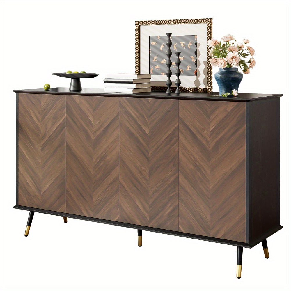 Dressoir – Sideboard – Opbergkast – Ladekast – Wandkast – Modern Design – Verstelbare Planken – Zwart & Donkerbruin – 4-Deurs – Ruimtebesparend – Eenvoudige Montage