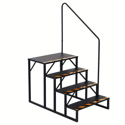4-Step RV Stairs with Handrail, Portable Camper Steps for Travel Trailer & Hot Tub, Outdoor Stair with Non-Slip Treads and Powder Coated Frame, Hot Tub Access, Sturdy Handrail