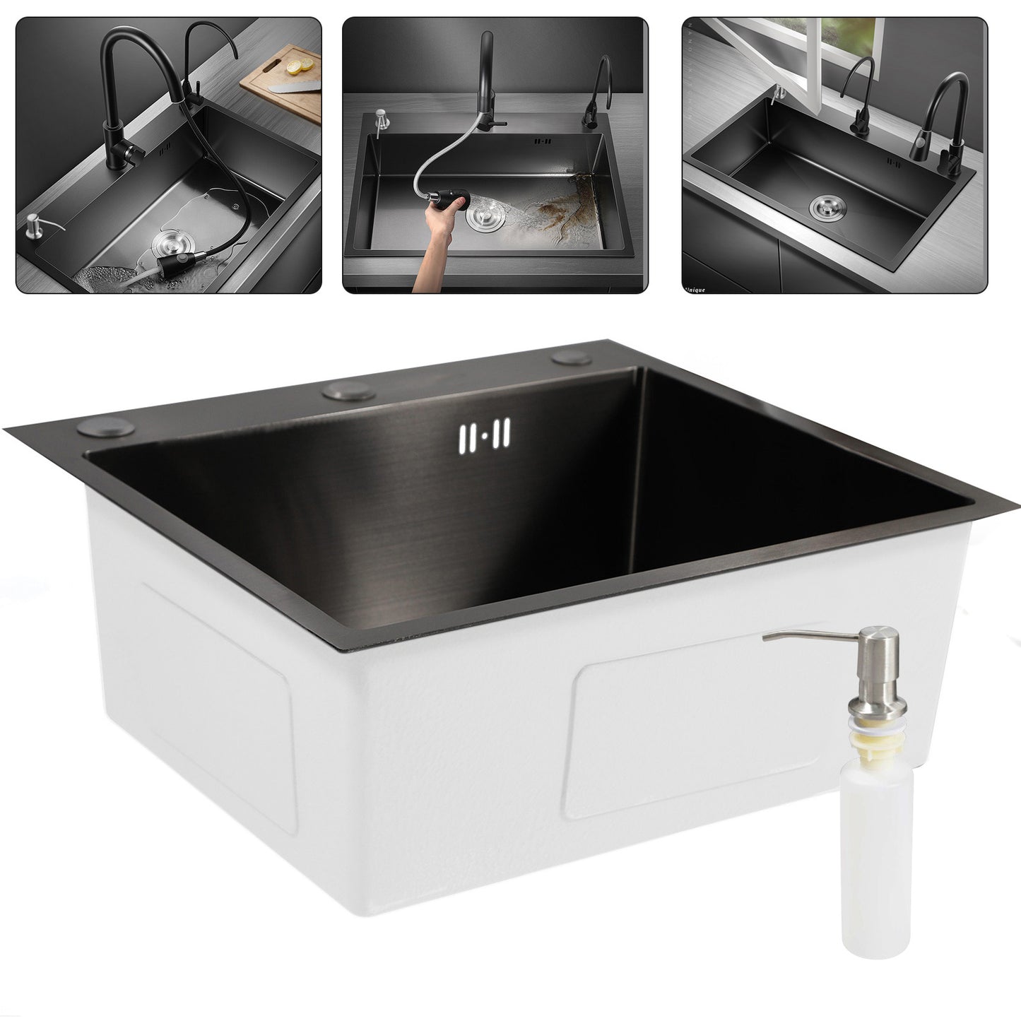 Keukenspoelbak – Spoelbak – Keukensink – Wasbak – Vaatwasbak – Zwart RVS – Royale Binnenmaat 46x35,5 cm – Opbouw Onderbouw Vlakbouw – Met Zeepdispenser en Compleet Accessoiresset