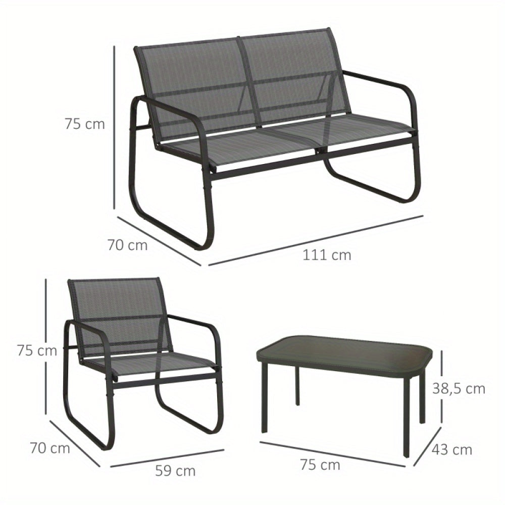 Loungebank – Loungeset – Tuinbank – Modulair Bankstel – 4-delige Set – Zwart Frame – Witte Mesh Kussens – Glasplaat Salontafel – UV-bestendig – Weerbestendig