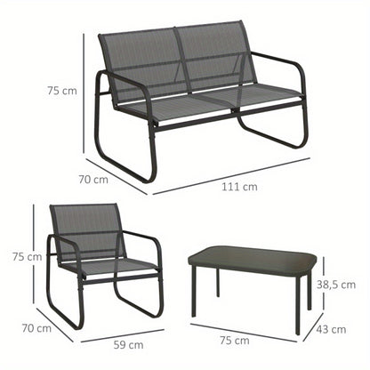 Loungebank – Loungeset – Tuinbank – Modulair Bankstel – 4-delige Set – Zwart Frame – Witte Mesh Kussens – Glasplaat Salontafel – UV-bestendig – Weerbestendig
