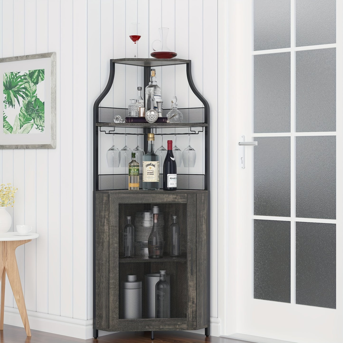 Hoek Wijnkast – Wijnrek Kast – Drankkast – Barmeubel – Hoekkast – 5-laags Opbergruimte – Afneembaar Wijnrek en Glazenhouder – Mesh Deurtje – Compact L-vormïg Design – Eenvoudig Te Monteren – Bruin