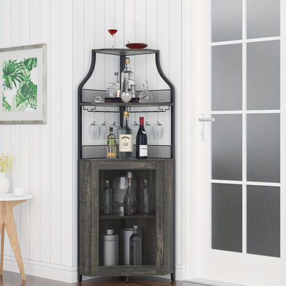 5-laagse Wijnkast Hoekkast – Drankkast Minibar Vakkenkast – Zwarte Hoekopberger – Ruimtebesparend L-Design – Verwijderbaar Wijnrek & Glazenhouder – Ventilerende Mesh Deur