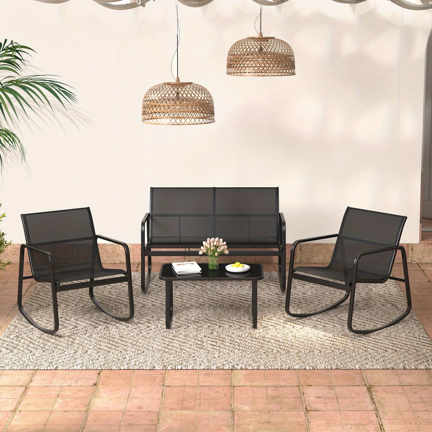 Tuinset – Tuinmeubelen – Zitgroep – Loungeset – Bistroset – Met Metalen Frame – Temperglas Tafelblad – 4 Persoons – Schommelstoelen