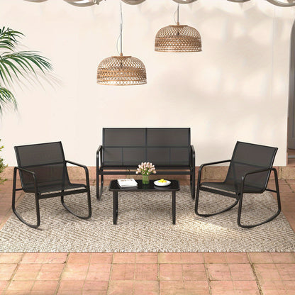 Tuinset – Tuinmeubelen – Zitgroep – Loungeset – Bistroset – Met Metalen Frame – Temperglas Tafelblad – 4 Persoons – Schommelstoelen
