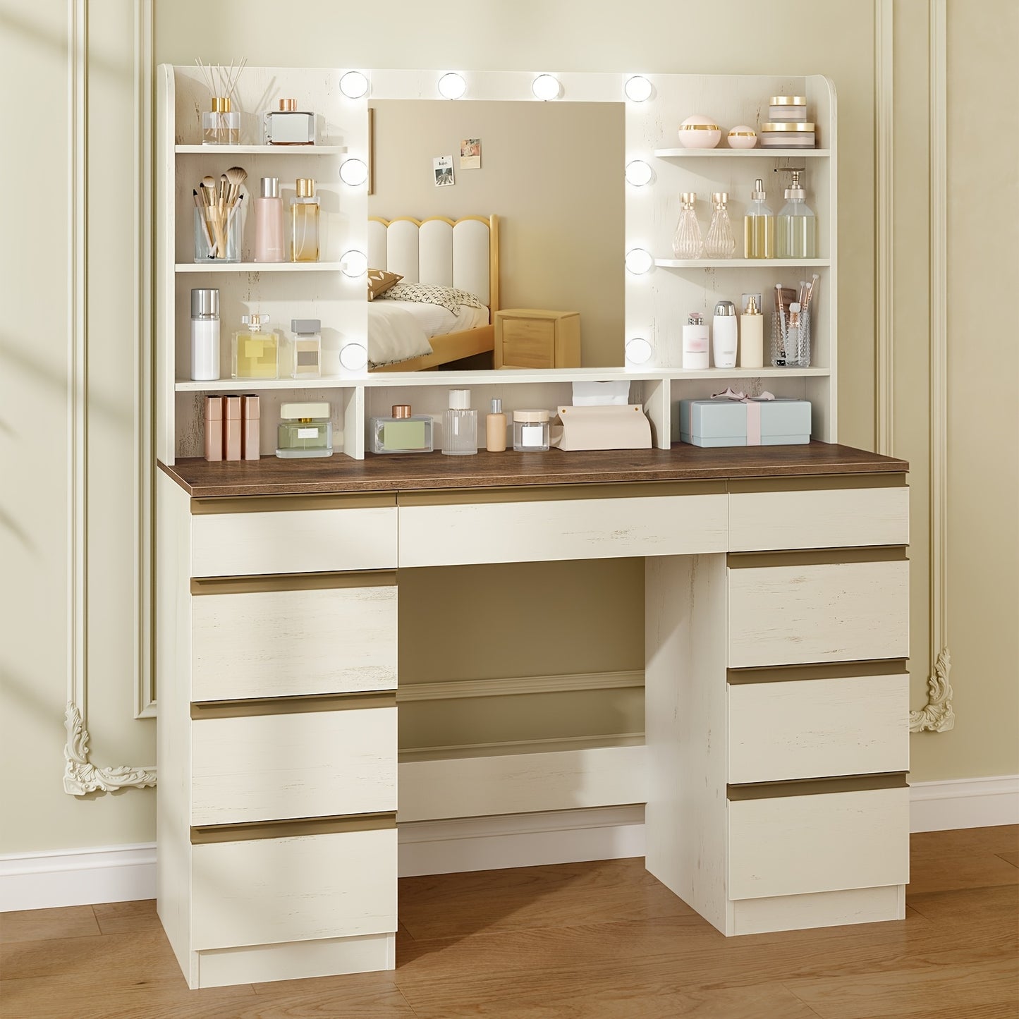 Make-up Tafel – Kaptafel – Visagie Tafel – Makeup Bureau – Dressing Table – Wit met Gouden Accenten – 10 LED-lichtbollen met Instelbare Kleur en Helderheid – Groot HD Spiegeloppervlak
