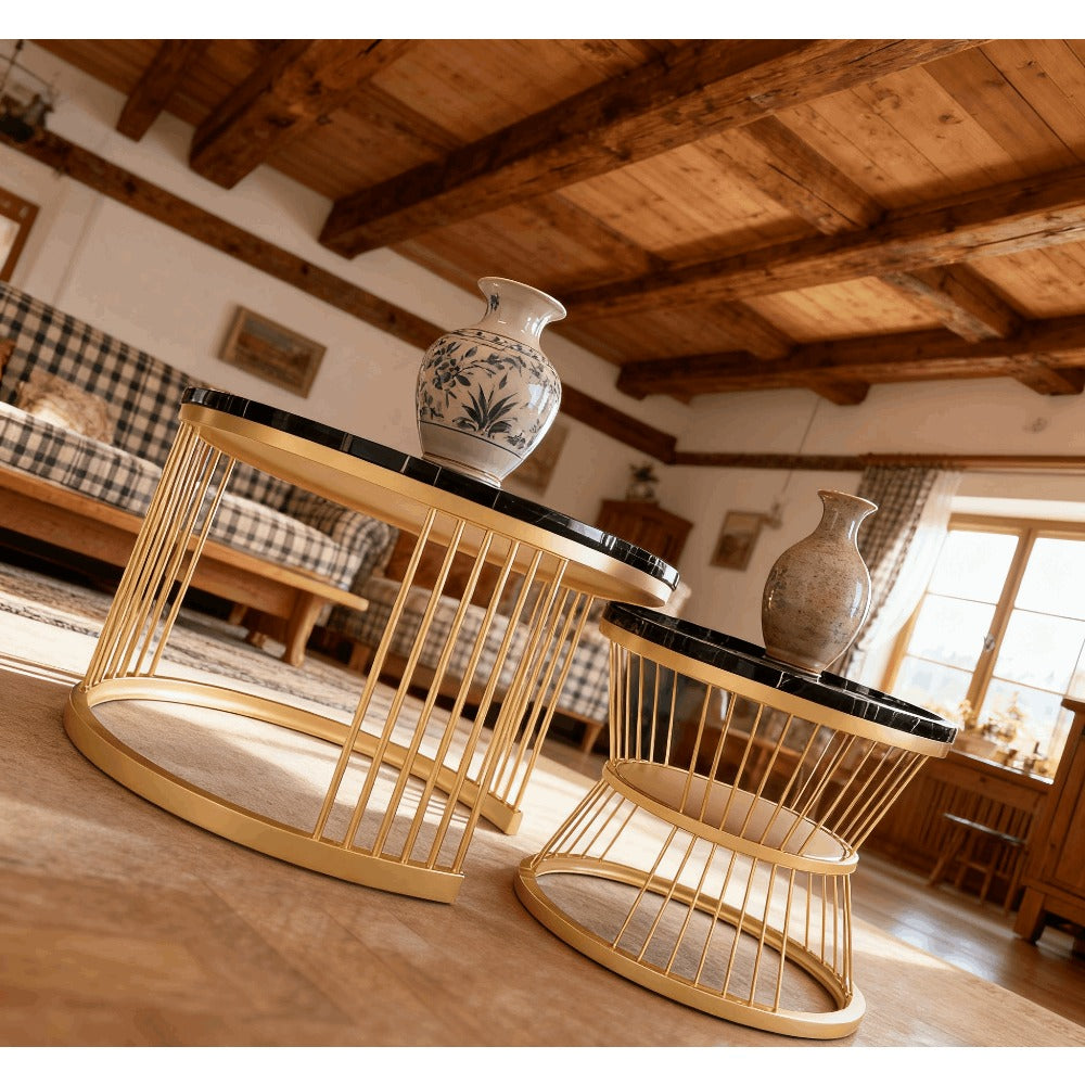 Salontafel – Bijzettafel – Nesting Tafel – Woonkamertafel – Balkon Salontafel – Metaal Frame – Marmerlook – Set Van 2 – Ronde Bladen – Ruimtebesparend – Lichtgewicht
