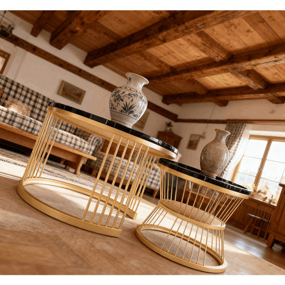 Salontafel – Bijzettafel – Nesting Tafel – Woonkamertafel – Balkon Salontafel – Metaal Frame – Marmerlook – Set Van 2 – Ronde Bladen – Ruimtebesparend – Lichtgewicht