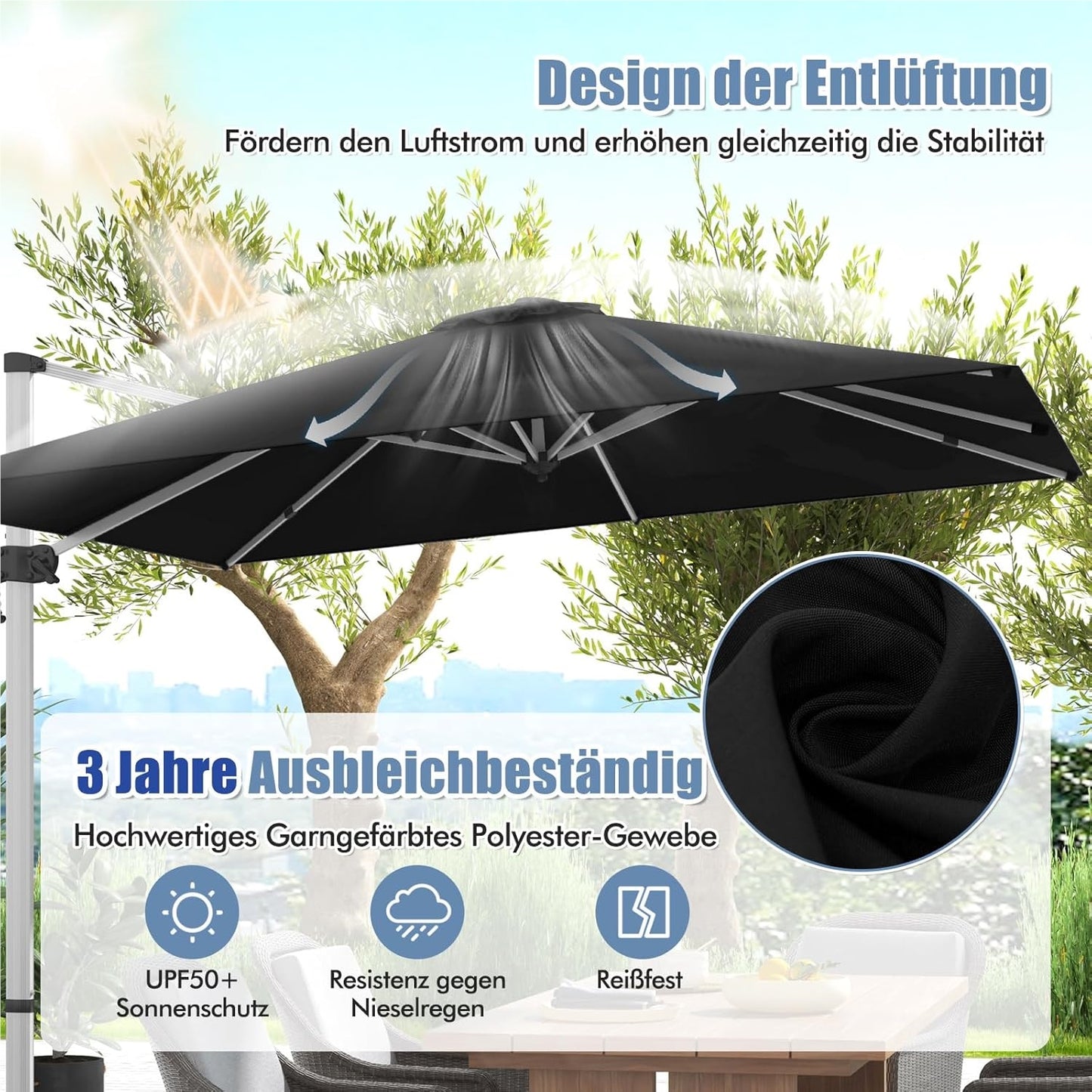 Vierkante Parasol – Zonnescherm – Tuinparasol – Terrasparasol – Marktkraamparasol – 300 x 300 cm – 360° Draaibaar – Verstelbare Kantelfunctie – Zwart