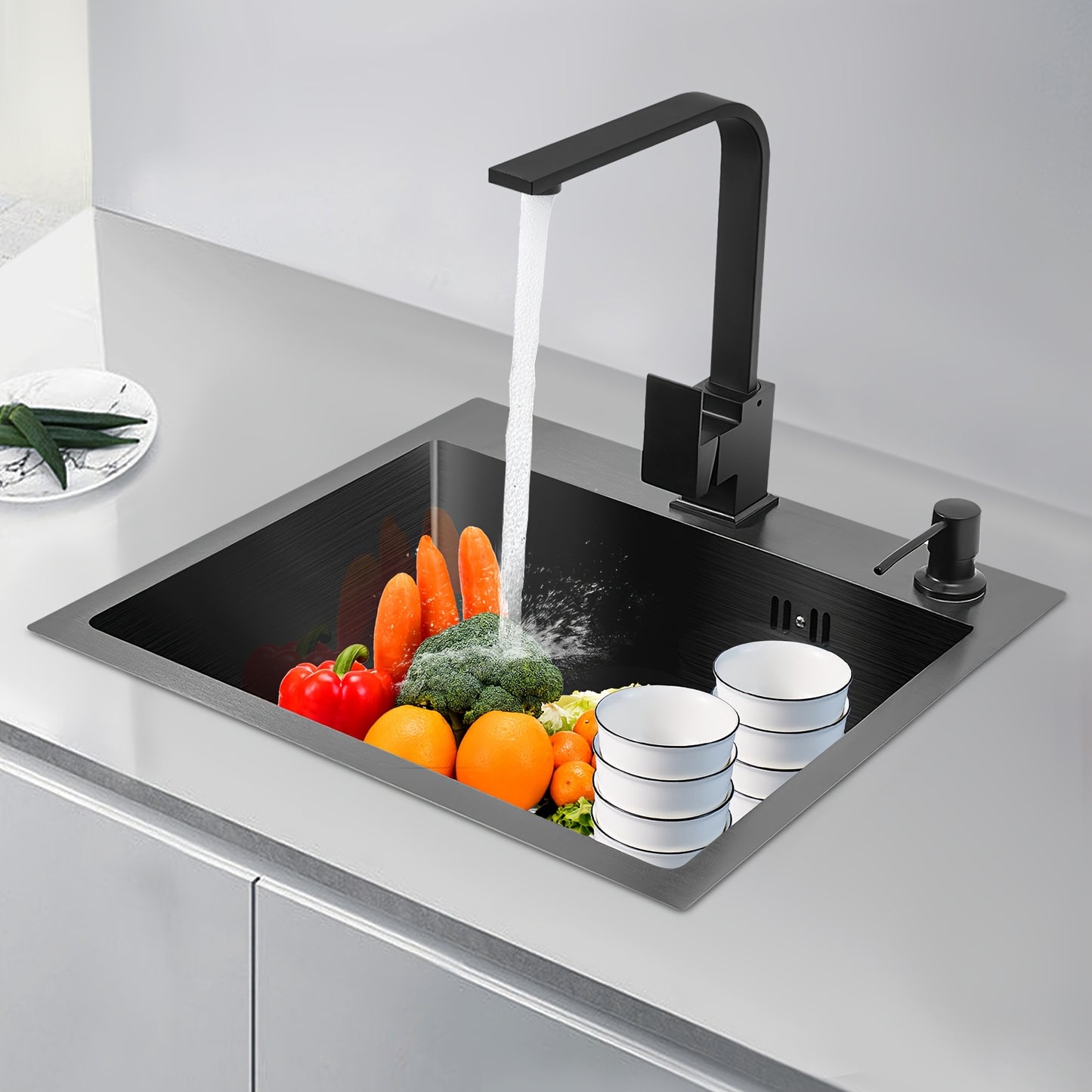 Keukenspoelbak – Spoelbak, Wasbak, Gootsteen, Inbouwbak – RVS Zwart-Grijs – 180° Draaibare Kraan – Geluidsarm Met Grote Capaciteit