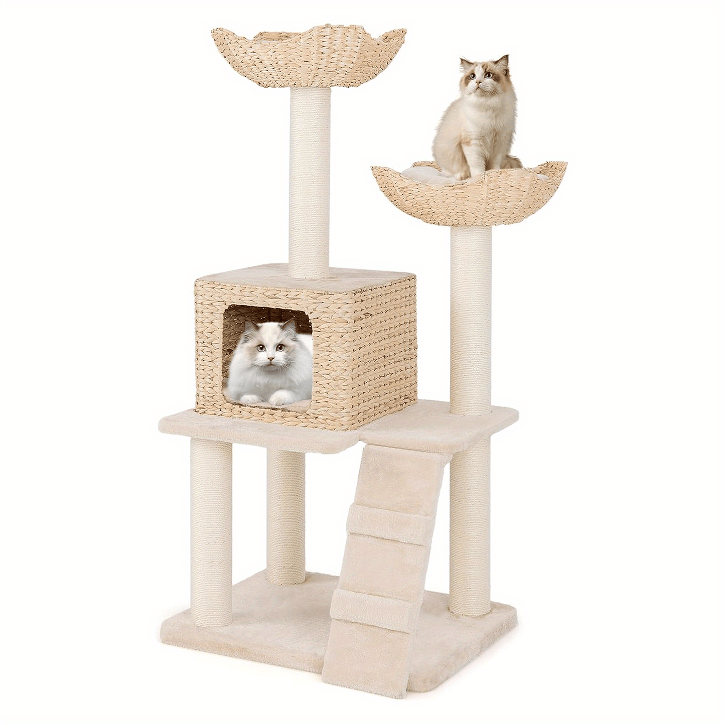 Krabpaal – Kattenboom – Krabmeubel – Kattenmand – Krabton – Natuurlijk Hout – 122 cm Hoog – 4 Niveaus Met Sisal Krabpalen