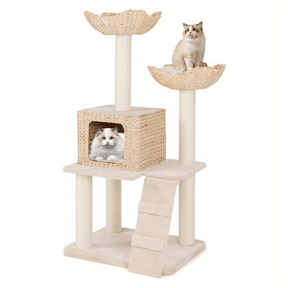 Krabpaal – Kattenboom – Krabmeubel – Kattenmand – Krabton – Natuurlijk Hout – 122 cm Hoog – 4 Niveaus Met Sisal Krabpalen
