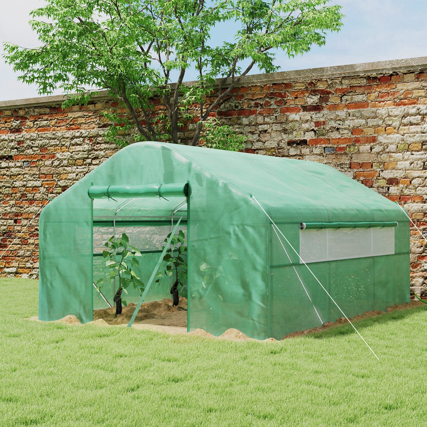 Outsunny Garden Greenhouse 12 m², Tunnel Greenhouse 4 x 3 x 2 m with Roll-Up Doors and Large Mesh Windows, Galvanized Steel and High-Density PE 140 g/m² UV-Resistant, Green