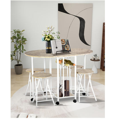 Eettafelset – Eettafel Meubelset – Eethoek – Keukentafelset – Zitgroep – Inklapbare Tafel Met Opbergruimte – Massief Hout & Metaal – Compact Rond/Rechthoekig – Wit & Natuurlijke Houtkleur – Modern Design – Stevig & Ruimtebesparend