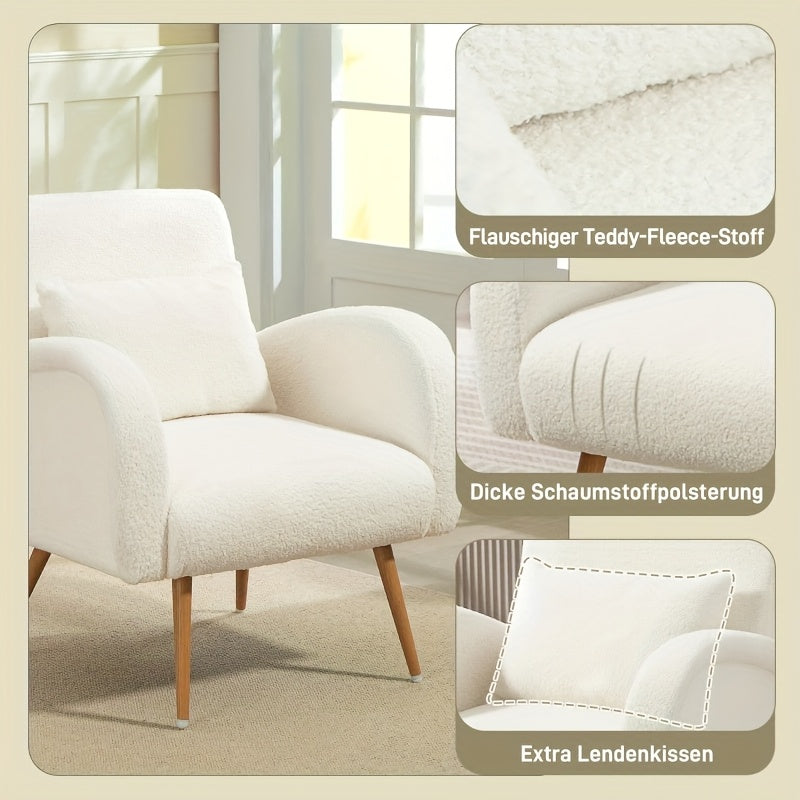 Living Room Armchair, Recliner, Fleece Cover, Armchair with Lumbar Cushion, Reading Armchair, Upholstered Seat for Living Room And Bedroom, Modern Armchair with High Backrest, Balcony, Fabric And Wooden Slats, Load Capacity U