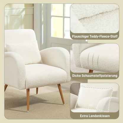 Living Room Armchair, Recliner, Fleece Cover, Armchair with Lumbar Cushion, Reading Armchair, Upholstered Seat for Living Room And Bedroom, Modern Armchair with High Backrest, Balcony, Fabric And Wooden Slats, Load Capacity U