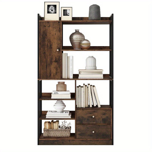 Boekenkast – Boekenrek – Opbergkast – Vakkenkast – Stellingkast – Industrieel Design – 6 Planken Met Deuren En Lades – Stalen Antiek Bruine Afwerking – Vloer Tot Plafond Hoogte