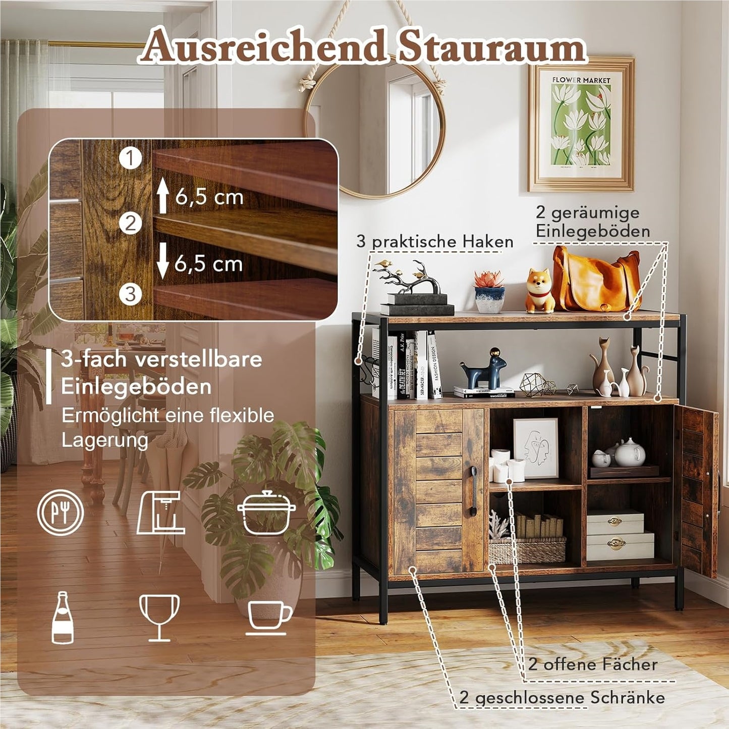 Houten Dressoir – Sideboard – Keukenkast – Buffetkast – Opbergkast – Industrieel – Verstelbare Planken – Inclusief 3 Haken – Bruin Zwart