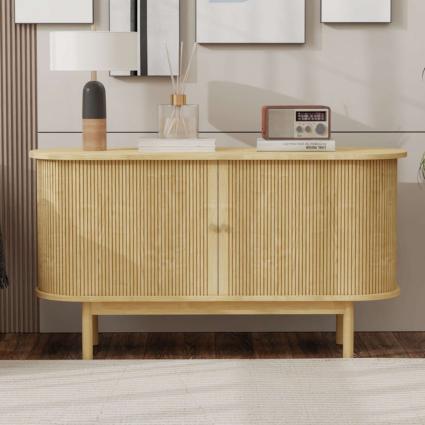 Dressoir – Buffet – Sideboard – Keukenkast – Opbergkast – Retro Modern Design – Metaal Met Lichte Eikenlook – Schuifdeuren & Verstelbare Planken – 138 cm Breed – Pine-Look Poten